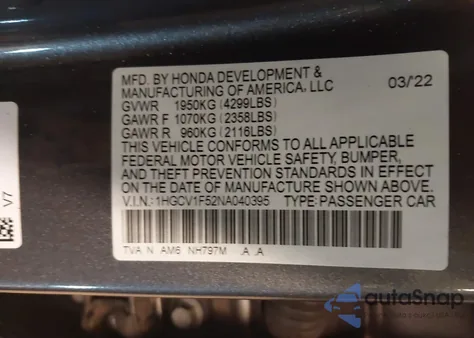 2022 Honda Accord Ex-L z USA, uszkodzony, nr VIN 1HGCV1F52NA040395